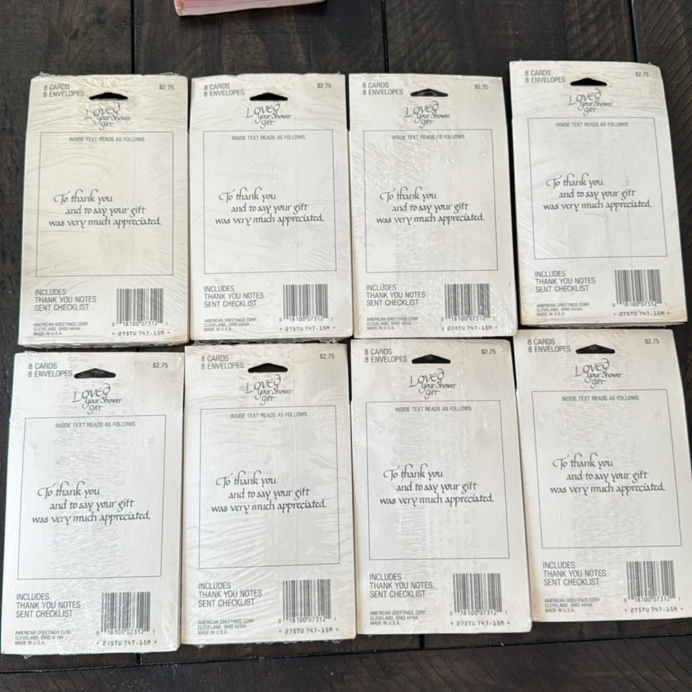 8 packages of American Greetings 1980s shower thank you cards.